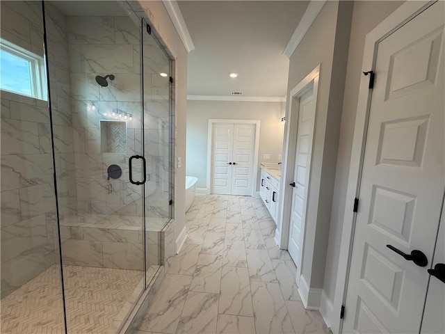 bathroom with crown molding, marble finish flooring, a shower stall, baseboards, and vanity