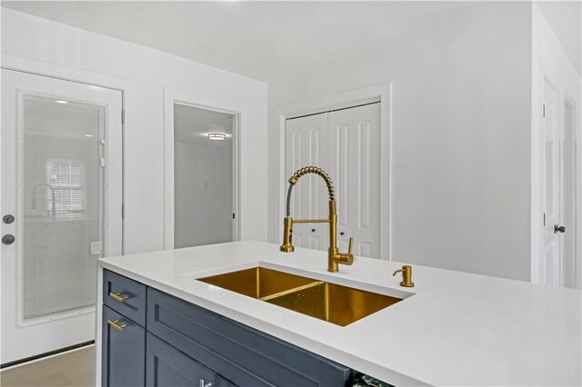 kitchen featuring sink, appliances with stainless steel finishes, and blue cabinets