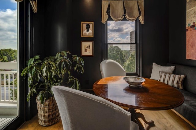 dining space with light hardwood / wood-style flooring