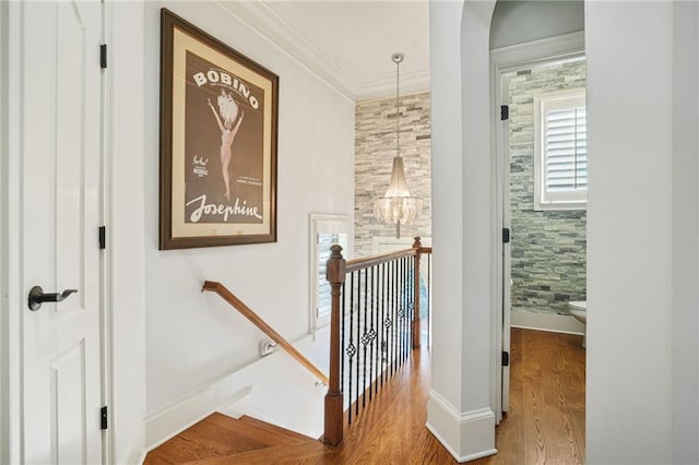 hall featuring wood finished floors, an upstairs landing, and crown molding