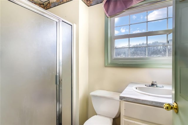 bathroom with vanity, an enclosed shower, and toilet