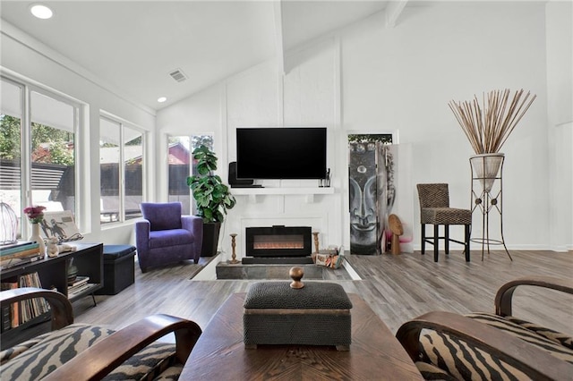 1048 Indian Hills Pkwy, Marietta, GA 30068 - living room with a fireplace, high vaulted ceiling, wood finished floors, recessed lighting, and beamed ceiling