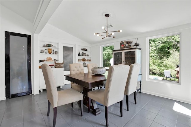 1048 Indian Hills Pkwy, Marietta, GA 30068 - dining room with vaulted ceiling, a chandelier, built in features, dark tile patterned floors, and baseboards