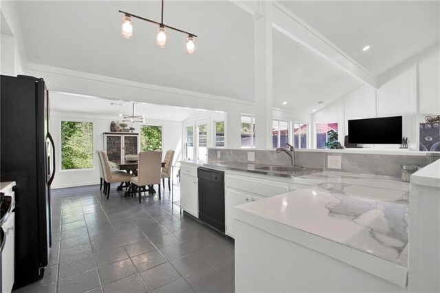 1048 Indian Hills Pkwy, Marietta, GA 30068 - kitchen with black appliances, a sink, beam ceiling, white cabinetry, and high vaulted ceiling