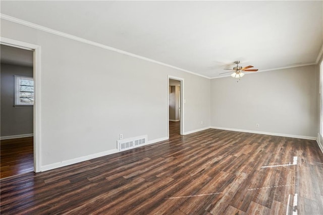 unfurnished room with ceiling fan, dark wood-type flooring, and ornamental molding