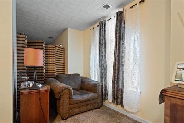 sitting room featuring carpet flooring and a textured ceiling