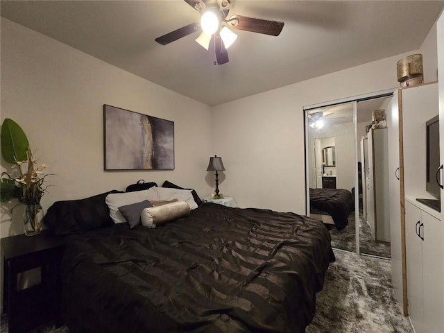 bedroom featuring ceiling fan, dark carpet, and a closet