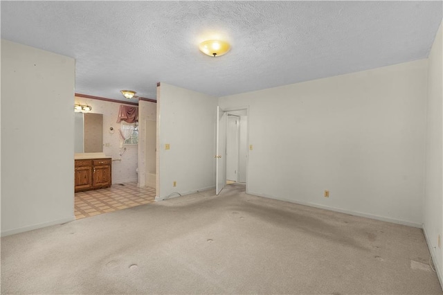 spare room featuring light carpet and a textured ceiling