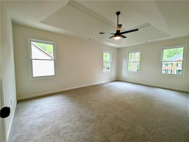 unfurnished room with baseboards, carpet flooring, and a tray ceiling