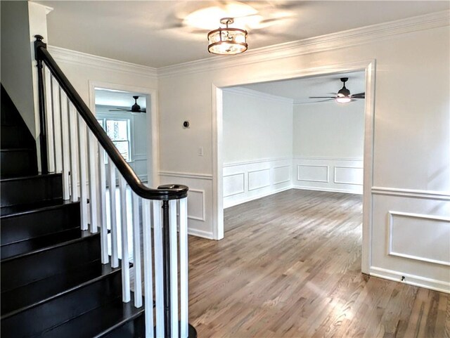 staircase featuring wainscoting, wood finished floors, ornamental molding, and ceiling fan