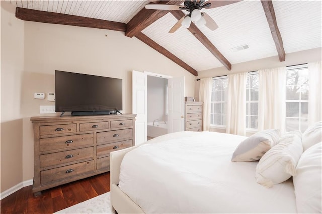 bedroom featuring wood ceiling, ceiling fan, dark hardwood / wood-style floors, and vaulted ceiling with beams