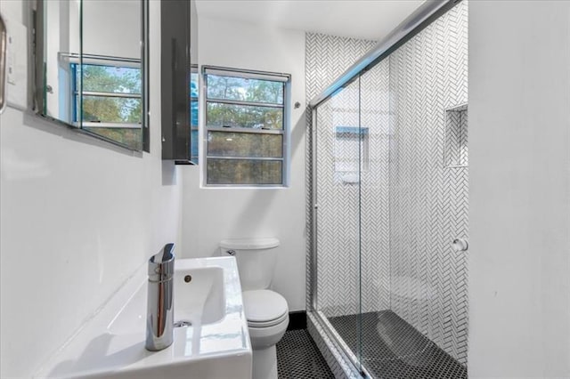 bathroom with vanity, an enclosed shower, and toilet