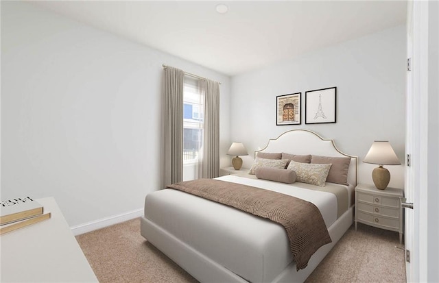 bedroom with light colored carpet