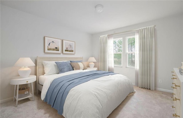 bedroom with light colored carpet