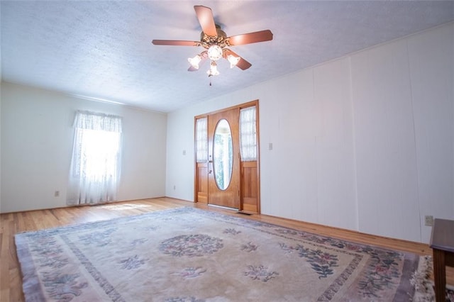 foyer with a wealth of natural light, wood-type flooring, and ceiling fan