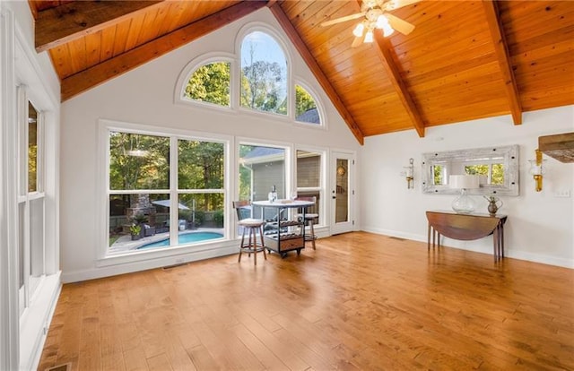 interior space featuring wood ceiling, ceiling fan, plenty of natural light, and lofted ceiling with beams