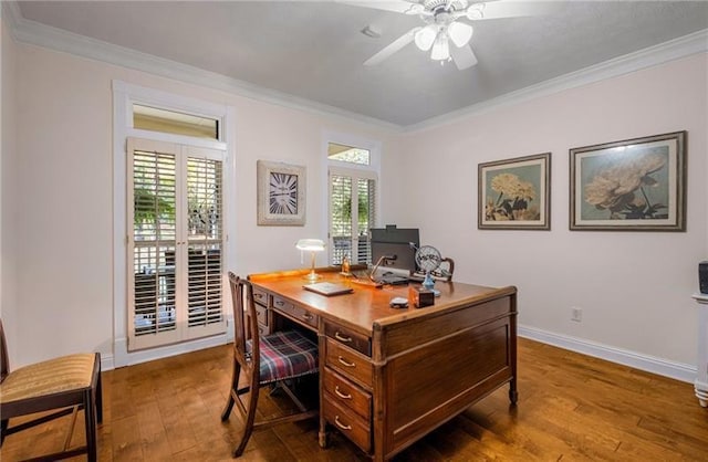 office space featuring hardwood / wood-style flooring and ornamental molding