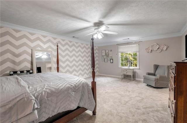 carpeted bedroom featuring ceiling fan, crown molding, and a textured ceiling