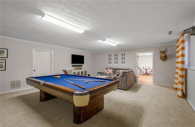 playroom with carpet, a textured ceiling, crown molding, and billiards