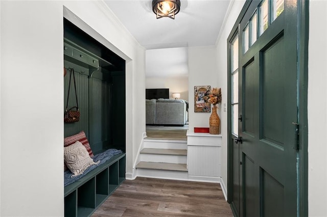 mudroom featuring dark hardwood / wood-style floors and ornamental molding