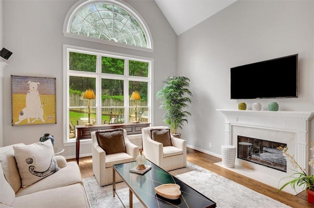 1473 Cardova Pointe, Dunwoody, GA 30338 - living area featuring a fireplace with flush hearth, high vaulted ceiling, and wood finished floors