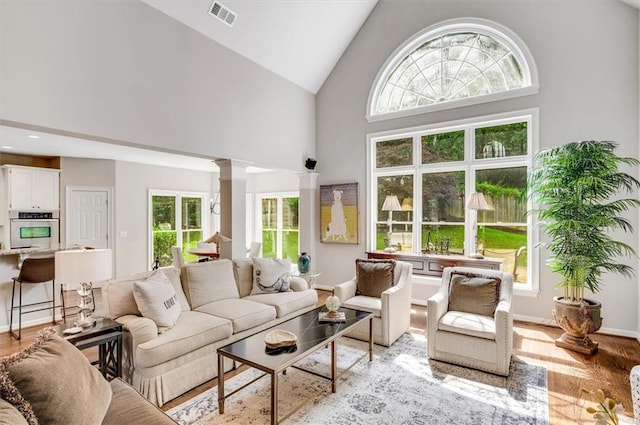 1473 Cardova Pointe, Dunwoody, GA 30338 - living area with decorative columns, high vaulted ceiling, healthy amount of natural light, and light wood-style floors