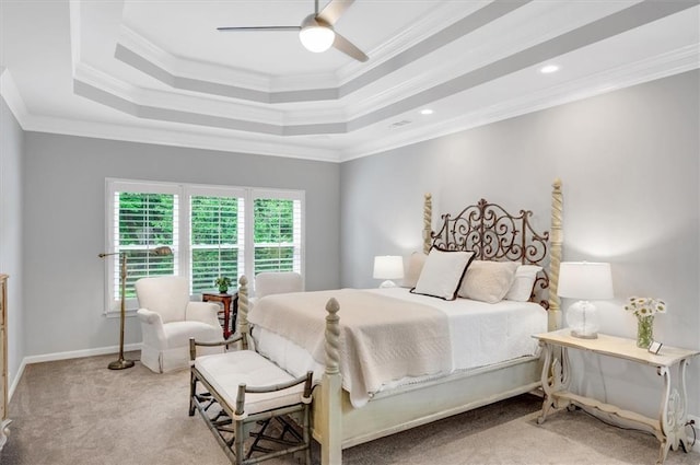 1473 Cardova Pointe, Dunwoody, GA 30338 - bedroom featuring carpet flooring, ornamental molding, a tray ceiling, and a ceiling fan