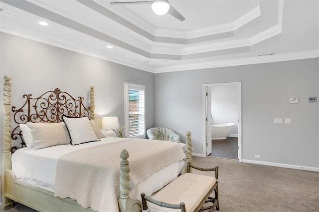 1473 Cardova Pointe, Dunwoody, GA 30338 - carpeted bedroom featuring ornamental molding, a tray ceiling, ensuite bathroom, a ceiling fan, and recessed lighting