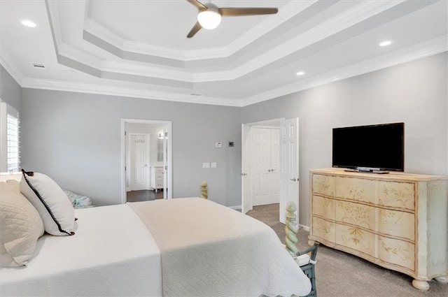 1473 Cardova Pointe, Dunwoody, GA 30338 - bedroom with a tray ceiling, crown molding, carpet, ensuite bathroom, and a ceiling fan