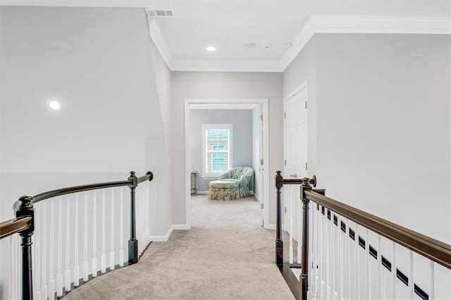 1473 Cardova Pointe, Dunwoody, GA 30338 - corridor with an upstairs landing, ornamental molding, carpet floors, and recessed lighting