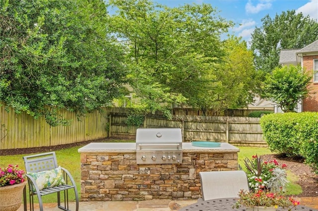 1473 Cardova Pointe, Dunwoody, GA 30338 - fenced backyard with an outdoor kitchen and a patio area