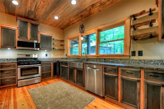 179 Huckleberry Ln, Ellijay, GA 30536 - kitchen with stainless steel appliances, wooden ceiling, recessed lighting, a sink, and open shelves