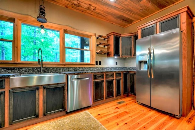 179 Huckleberry Ln, Ellijay, GA 30536 - kitchen featuring stainless steel appliances, a sink, wooden ceiling, light wood-style flooring, and open shelves