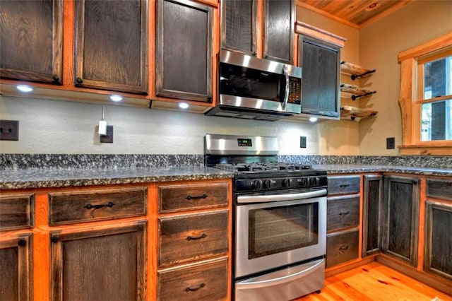 179 Huckleberry Ln, Ellijay, GA 30536 - kitchen with appliances with stainless steel finishes, dark countertops, light wood-type flooring, and dark brown cabinets