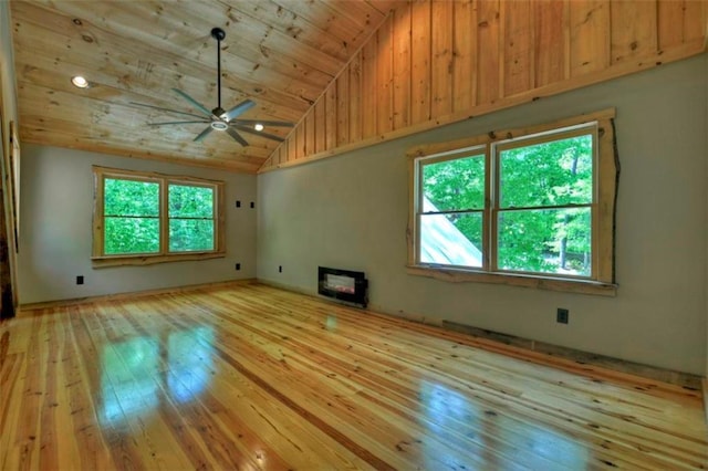 179 Huckleberry Ln, Ellijay, GA 30536 - unfurnished living room with ceiling fan, hardwood / wood-style floors, wooden ceiling, and high vaulted ceiling