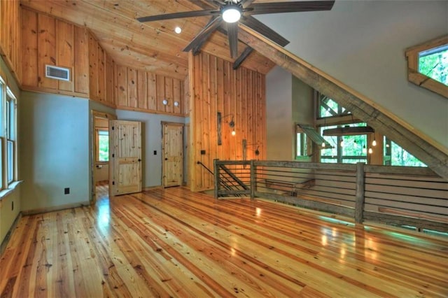 179 Huckleberry Ln, Ellijay, GA 30536 - unfurnished living room featuring high vaulted ceiling, a ceiling fan, hardwood / wood-style floors, and wooden ceiling