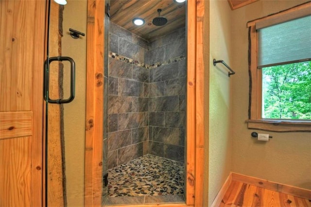 179 Huckleberry Ln, Ellijay, GA 30536 - full bath featuring a stall shower, wood finished floors, and baseboards