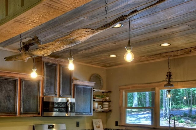179 Huckleberry Ln, Ellijay, GA 30536 - kitchen view of stainless steel microwave, pendant lighting, recessed lighting, wooden ceiling, and stove