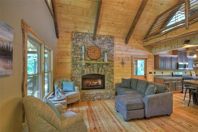 179 Huckleberry Ln, Ellijay, GA 30536 - living room featuring light wood finished floors, wooden ceiling, beam ceiling, high vaulted ceiling, and wooden walls