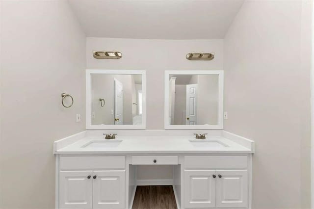 bathroom with vanity and wood-type flooring