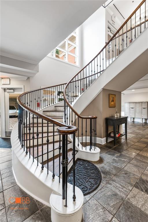 interior space with crown molding and a raised ceiling