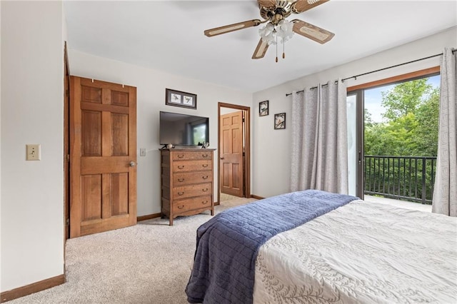 bedroom with ceiling fan, light carpet, and access to outside