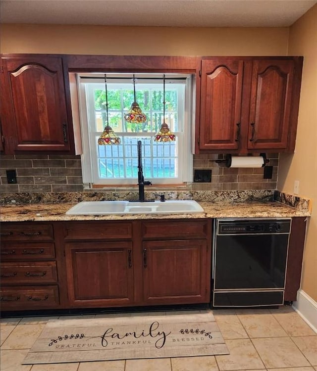 6210 Douglas Manor Ct, Douglasville, GA 30134 - kitchen featuring dishwasher, a sink, tasteful backsplash, baseboards, and light stone counters
