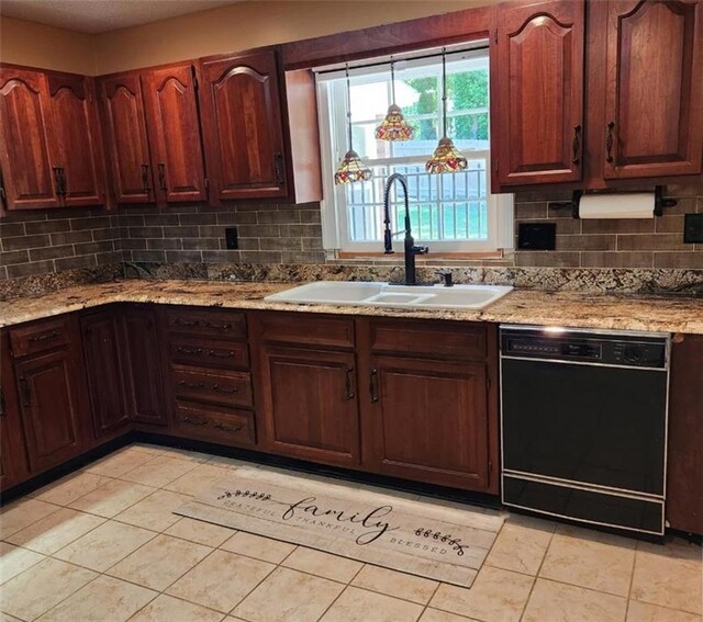 6210 Douglas Manor Ct, Douglasville, GA 30134 - kitchen with black dishwasher, a sink, light tile patterned floors, tasteful backsplash, and light stone countertops