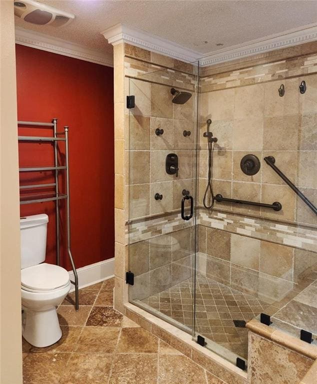 6210 Douglas Manor Ct, Douglasville, GA 30134 - full bath with crown molding, toilet, a stall shower, baseboards, and a textured ceiling