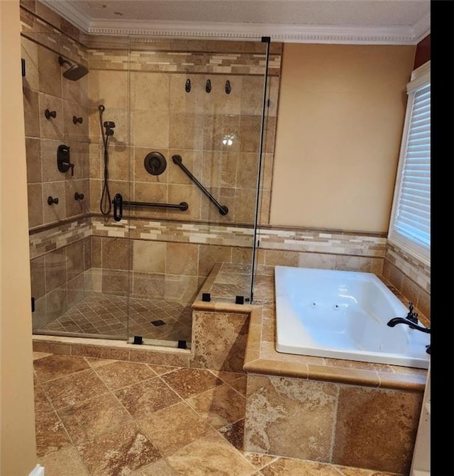 6210 Douglas Manor Ct, Douglasville, GA 30134 - bathroom featuring crown molding, a whirlpool tub, and a stall shower