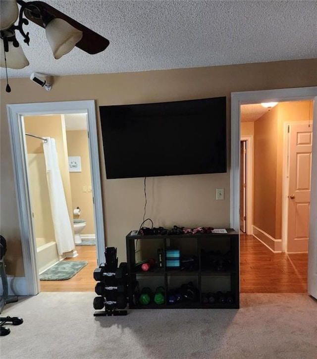 6210 Douglas Manor Ct, Douglasville, GA 30134 - carpeted living area featuring a ceiling fan and a textured ceiling