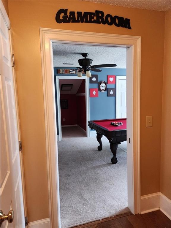 6210 Douglas Manor Ct, Douglasville, GA 30134 - game room featuring pool table, baseboards, a textured ceiling, and ceiling fan