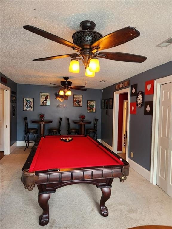 6210 Douglas Manor Ct, Douglasville, GA 30134 - game room with a textured ceiling, carpet flooring, a ceiling fan, billiards table, and baseboards