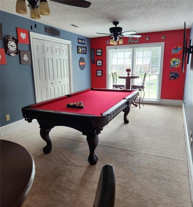 6210 Douglas Manor Ct, Douglasville, GA 30134 - rec room with ceiling fan, carpet floors, billiards, a textured ceiling, and baseboards
